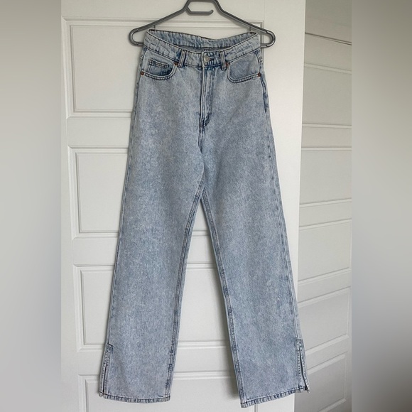 Side Slit Slash Pocket Straight Jeans, Non-stretch  Wide Leg Denim Pants - Picture 4 of 5